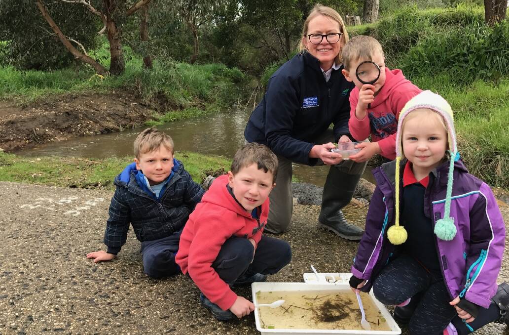 SCIENTISTS: Brown Hill preschoolers Heath, Nate, Jeremiah and Chariss find stoneflies and mayflies as they survey water bugs and insects in the Yarrowee River with Waterwatch coordinator Deidre Murphy. Picture: Michelle Smith