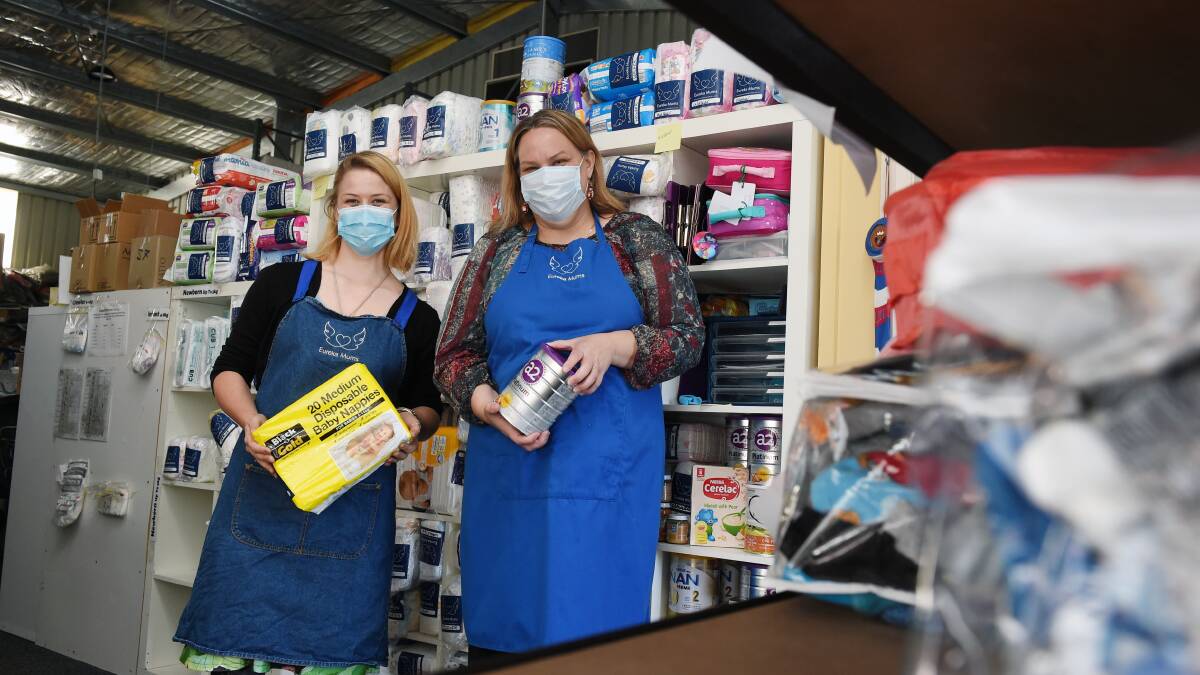 CLOSING: Beck Moss and Trinsa Lewis in the Eureka Mums' Sebastopol warehouse during the pandemic. Picture: Kate Healy
