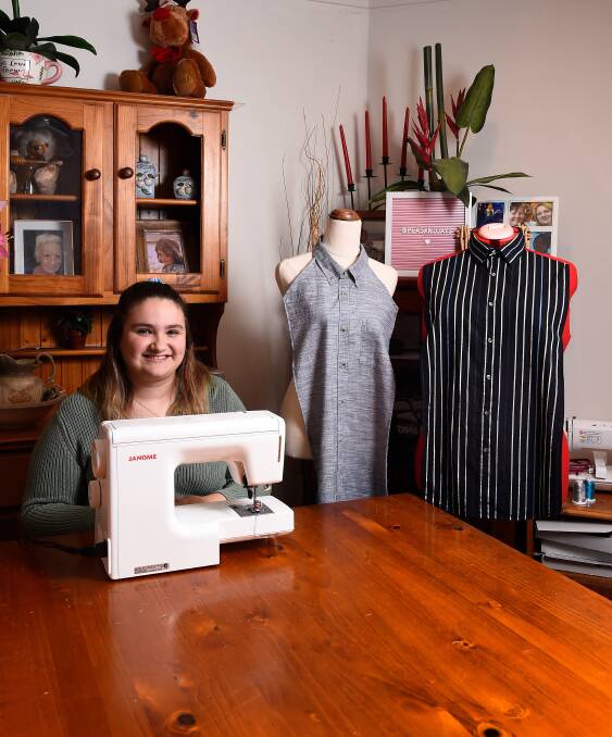SEW: Paige Meyer has a goal to make 50 dignity bibs a month this year and donate them to aged care homes and specialist schools.Picture: Adam Trafford