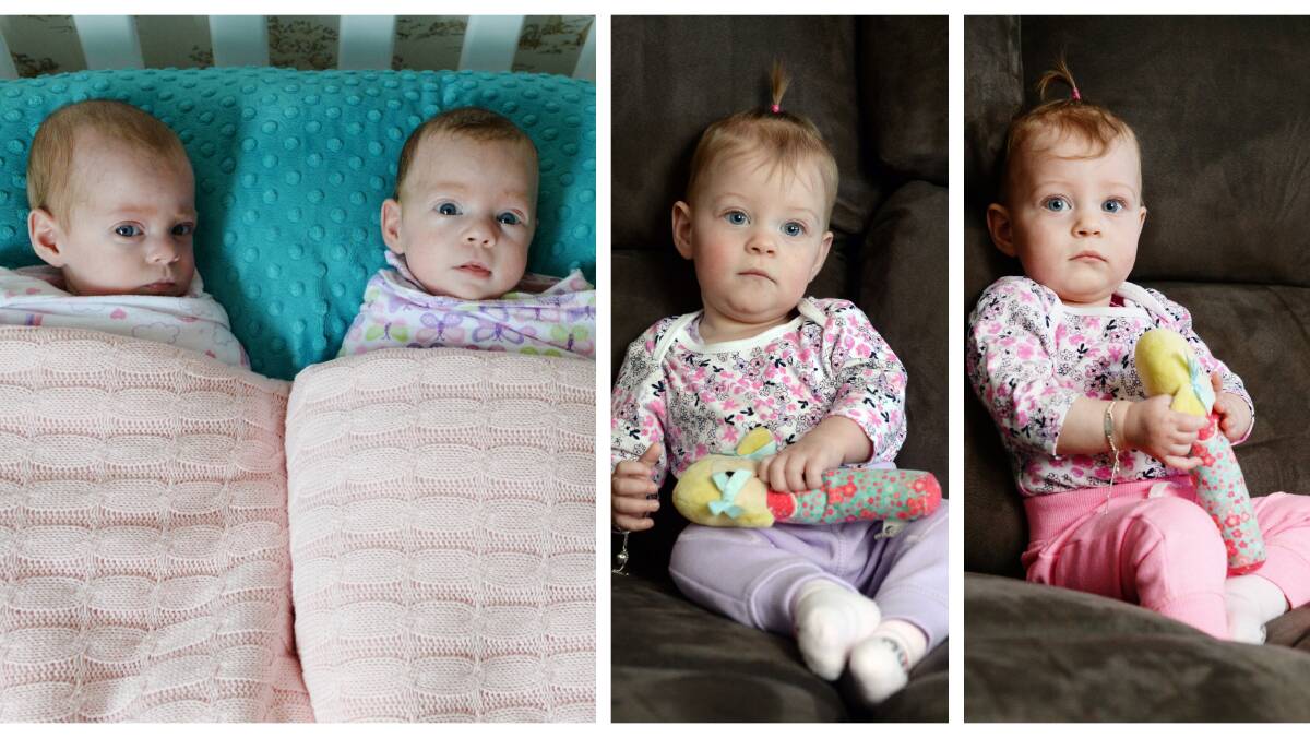 THEN AND NOW: Emmie and Alexa at four months (left) and almost 12 months. Pictures: Kate Healy