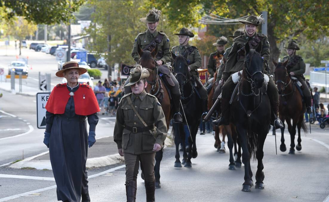 Anzac Day 2018 at Creswick. Lee Freeman and Timothy Lewis, 11 leading the Creswick Light Horse. Picture: Kate Healy