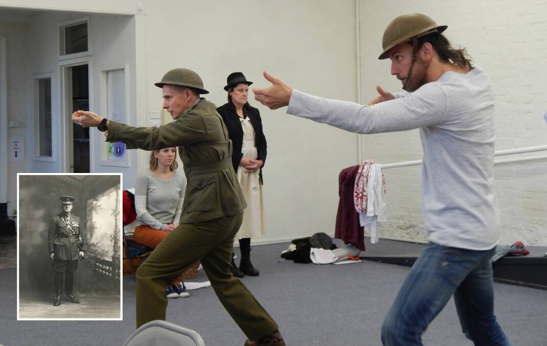 REHEARSAL: James Bolton and David Kambouris practise a scene with rifles raised in front of Lauren Bailey and Anthea Davis. Inset: Pompey Elliott