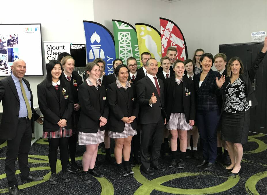 CHEERS: Education minister James Merlino celebrates the funding announcement with Mount Clear College principal Lynita Taylor, MP Geoff Howard, candidate Michaela Settle and students. Picture: Michelle Smith 