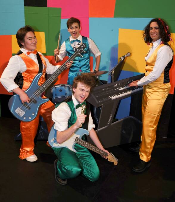 ENTERTAINERS: Marco Eguchi, Zane Webster, Keaghan Wray and Kirby Hunt in character for Ballarat High School's performance season of The Wedding Singer. Picture: Lachlan Bence