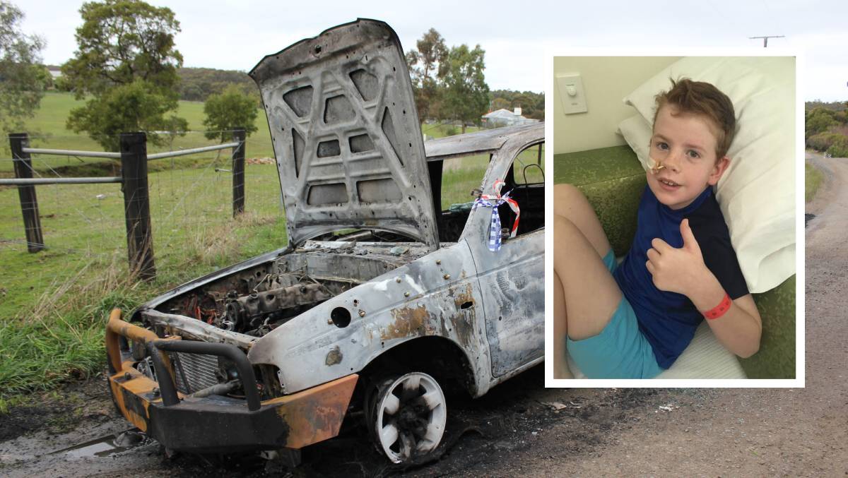 HEARTBREAKING: The family's burnt out ute in July and, inset, Blake in hospital.