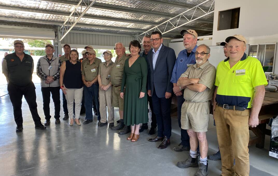 MENS SHED: Premier Daniel Andrews, mental health minister Martin Foley, Buninyong MP Michaela Settle and Wendouree MP Juliana Addison meet members of the Sebastopol Men's Shed inside their new complex at Vickers St.