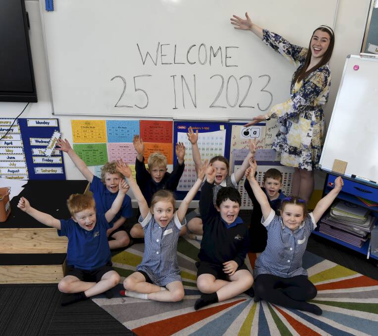 St Patrick's Primary School Gordon's current class of eight preps - (front) Harry, Lucy, Zavier, Jenna and (back) Henry, Paul, Olivia and Sam - along with teacher Elizabeth McKew are excited to welcome a massive class of 25 preps for next year. Picture by Lachlan Bence