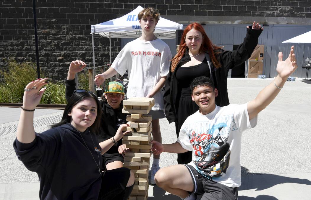 Phoenix P-12 Community College students Licifer, Tamati, Lincoln, Ella, and Bryce were among around 300 students who took part in Reach Foundation's first Heroes Day personal development event. Picture by Lachlan Bence