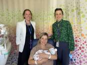 Grampians Health midwife and clinical trials coordinator Taegen Burnside, and head of obstetrics and gynaecology Dr Natasha Frawley, with Brittany Santilla and her son Max. Picture supplied