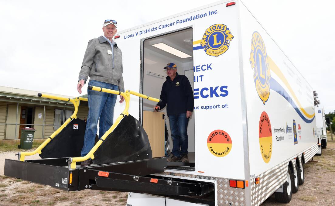 CHECK: Lions V Districts Cancer Foundation chairman Bruce Hudgson and volunteer driver Barry Davis with the new skin check van in Haddon on Saturday. Picture: Kate Healy