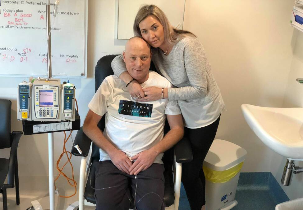FIGHTING: David Woodfine and Sally Belcher at the Royal Melbourne Hospital where David is being treated for a rare and aggressive form of leukemia. 
