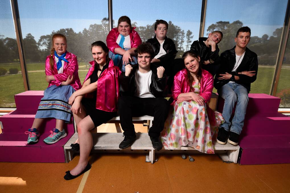 The lead cast of Ballarat Specialist School's production of Grease (back) Grace Geljon, Zarrah McDonald, Corey Loader, Anthony Dower-Manning, Nicholas Fox and (front) Maddie Chapman, Darrion Martin and Ebony Lany. Picture: Adam Trafford