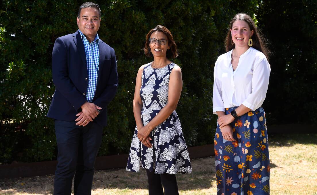 RURAL TRAINING: University of Melbourne Department of Rural Health sub-deans Dr Abhishek Mitra and Shabna Rajapaksa with student Lily Corboy at the rural clinical school's 2022 orientation day in February. Picture: Adam Trafford