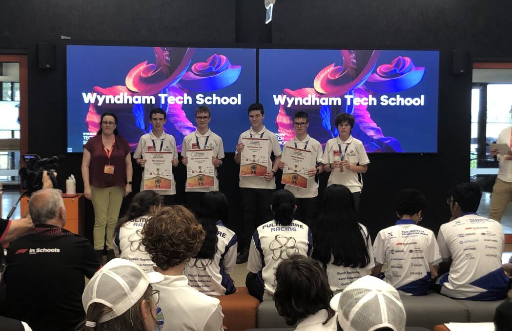 Phoenix students receive their awards at the Victorian finals of the F1 in Schools program. Picture supplied