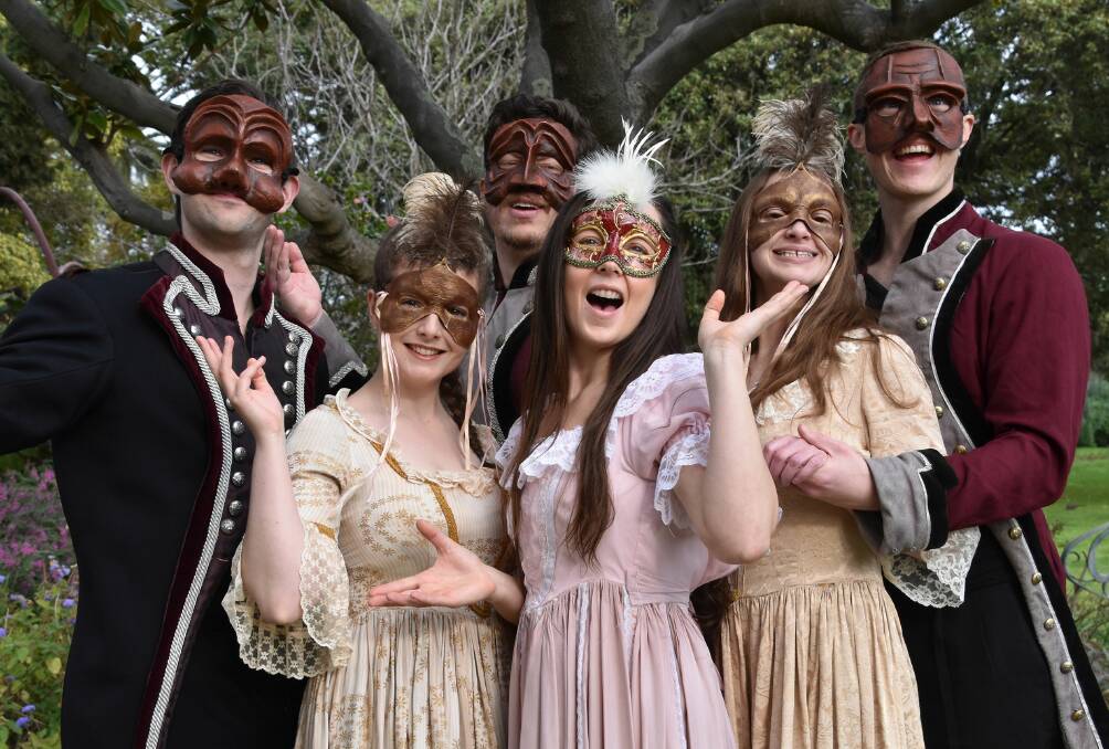 MASK: Much mischief is hidden by a mask in OZACT’s production of Much Ado About Nothing, which Michael Davidson, Stephanie van Rekum Ayres, Matt Young, Sorcha Breen, Eleanor Ruth and William Lark will perform at Kirks Reservoir Park. 