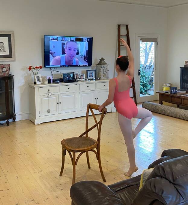 CLASS IS IN: Ballerina Ava Young takes part in a dance class at home during lockdown. Picture: supplied