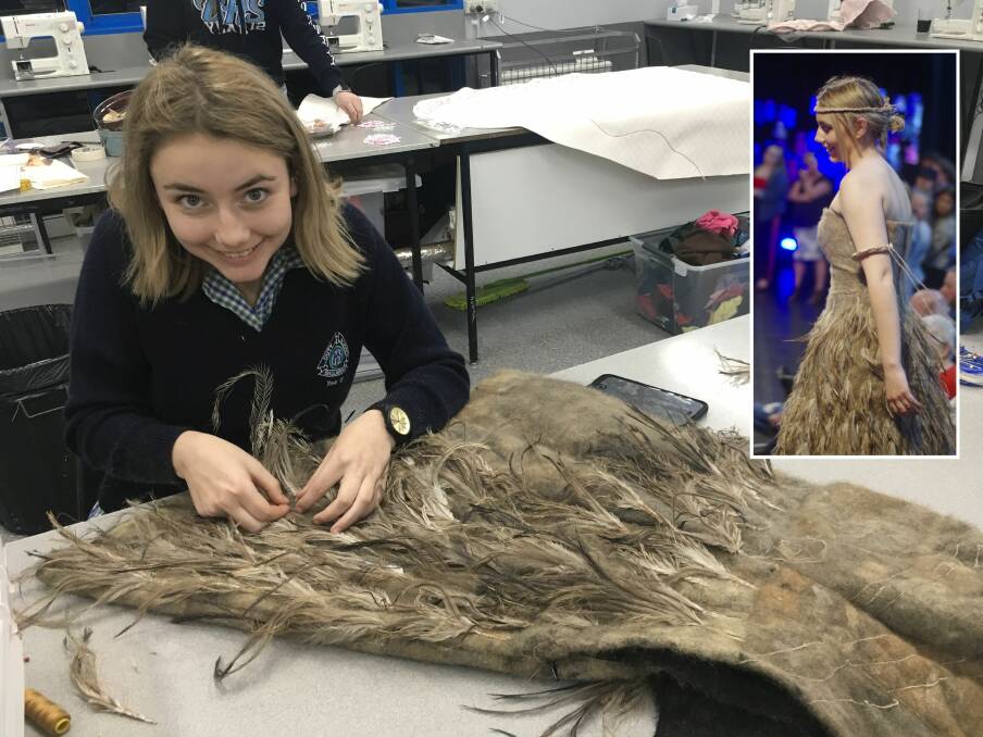 CREATING: Ballarat High School's Tarni Jarvis pictured last year working on her tribal dance garment entitled Parramal Puna Punai, or Little Emu Girl. The dress is one of 11 which will feature in the 2019 Top Designs exhibition at Melbourne Museum. Inset - Tarni modelling her creation.
