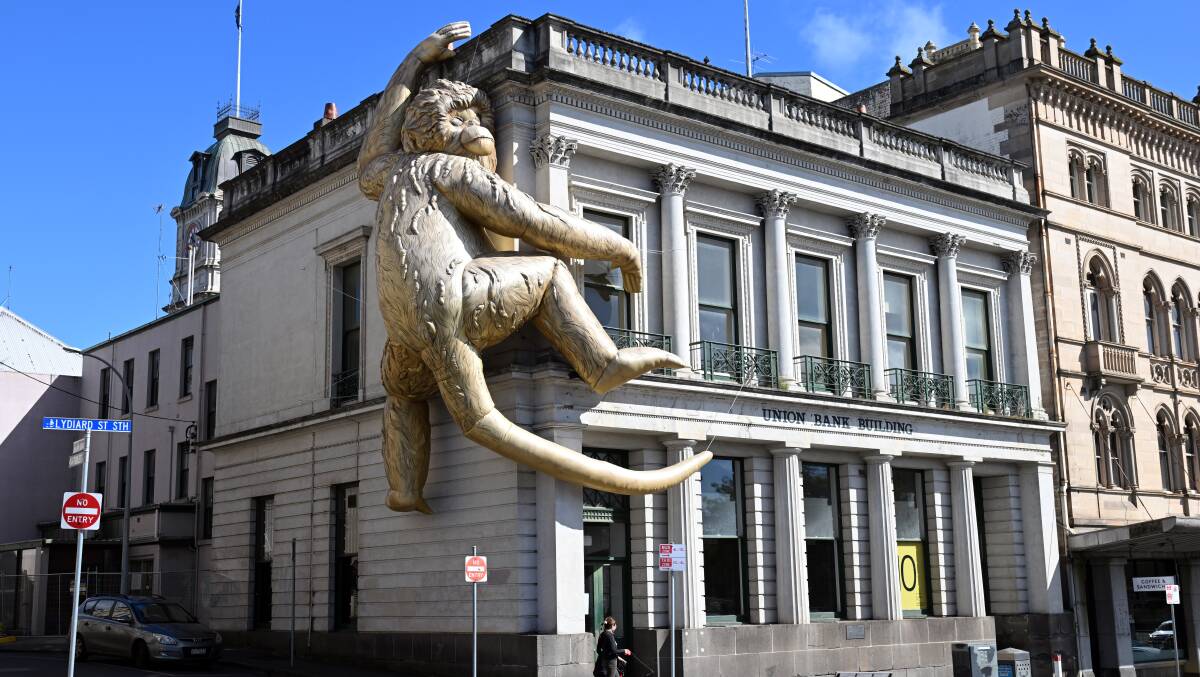 Artist Lisa Roet's Golden Monkey on the corner of the former Union Bank Building, now the National Centre for Photography, on Lydiard St. Picture by Kate Healy