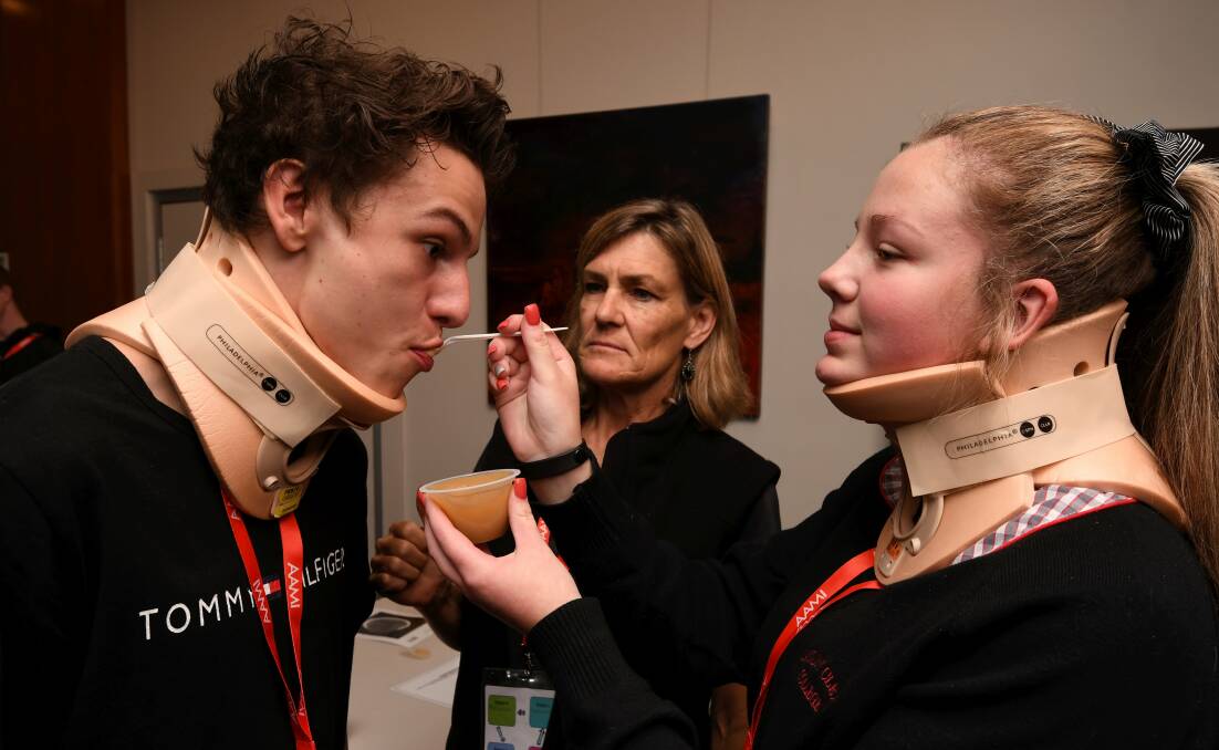 DIFFICULT: Mount Clear College students Cailab Talbot and Darla Vermeend learn from occupational therapist Judy Shepherd about how challenging it is recovering from trauma, an important lesson that is part of the Alfred Hospital's PARTY program. Picture: Lachlan Bence