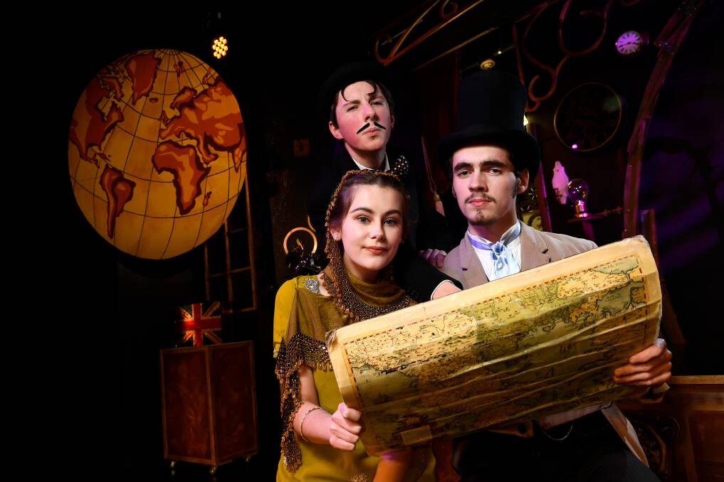TRAVEL: Hallie Vermeend as Aouda, Luka Spoljaric as Jean Passepartout and Patrick Western as Phileas Fogg in Damascus College's production of Around the World in 80 Days. Picture: Adam Trafford 