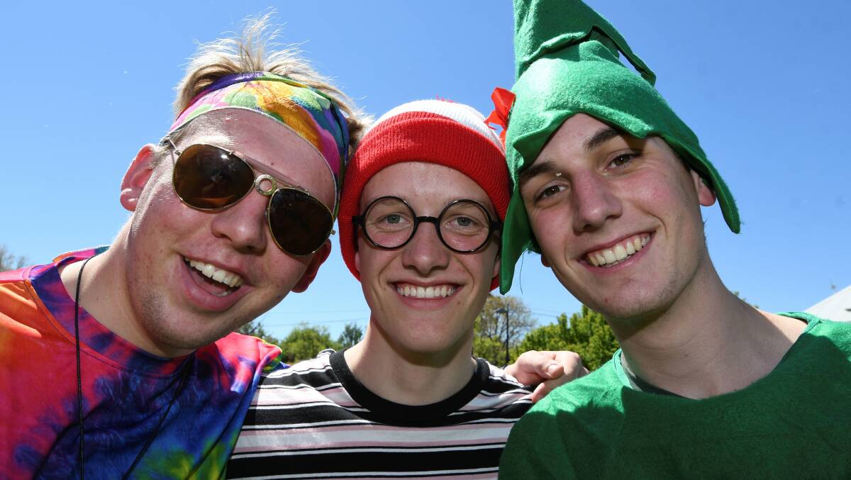 LAST DAY: Ballarat Clarendon College year 12s Hamish McDonald, Will McCallum, Cody Brooks dressed up as something starting with their first initial. Picture: Lachlan Bence