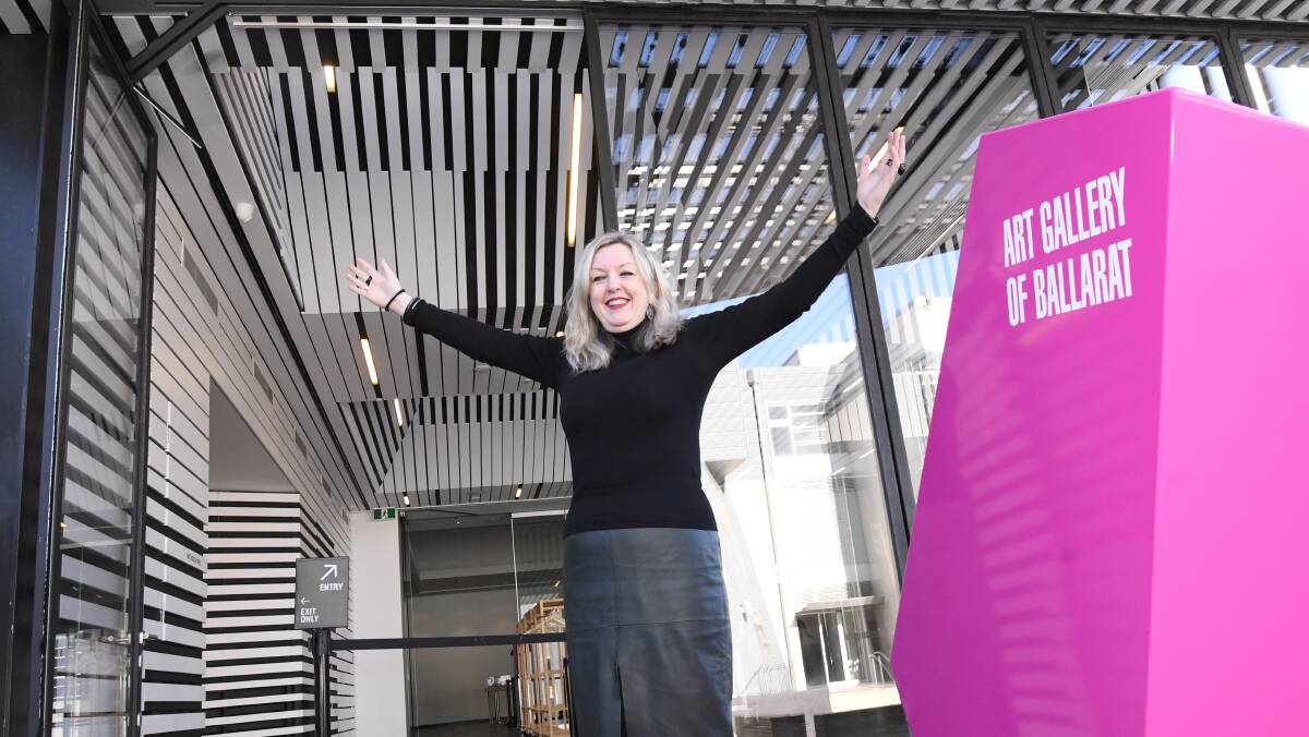 WELCOME: Art Gallery of Ballarat director Louise Tegart welcomes the first visitors back to the gallery following the COVID-19 lockdown. Picture: Lachlan Bence