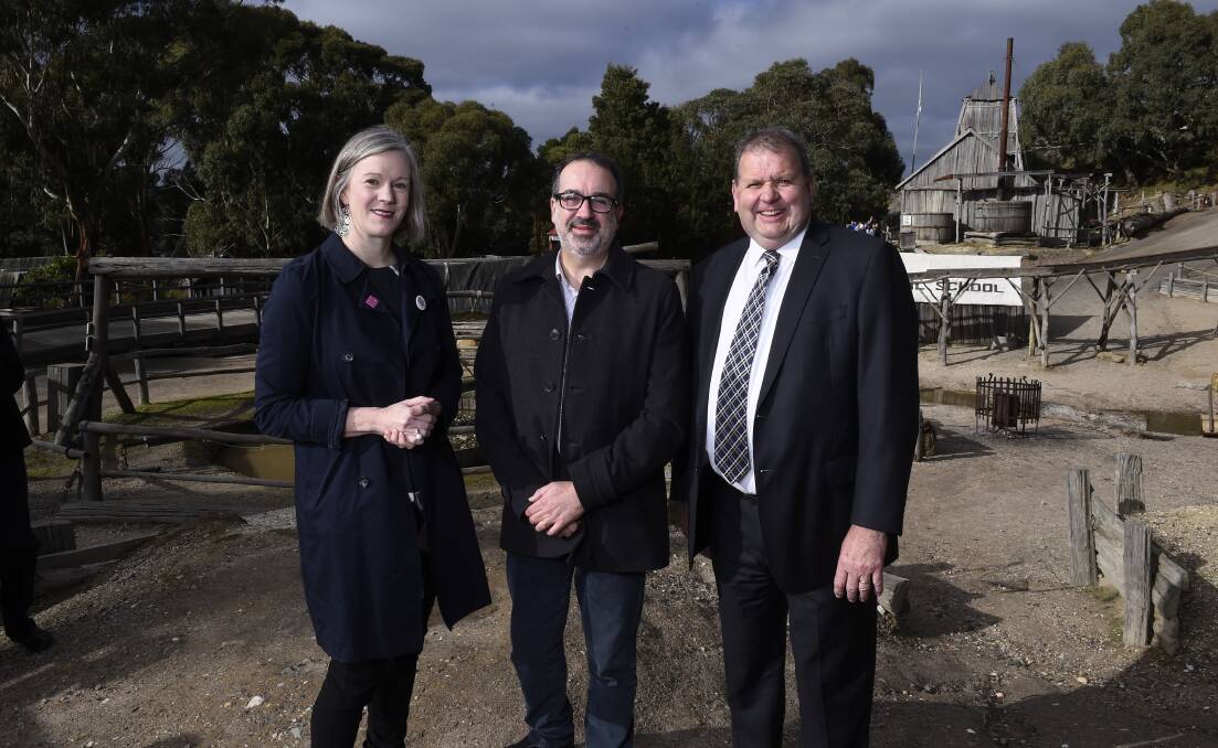 MONEY: Sovereign Hill chief executive Sara Quon, Minister for Tourism, Sport and Major Events Martin Pakula and Sovereign Hill board president Craig Fletcher at the announcement. Picture: Adam Trafford