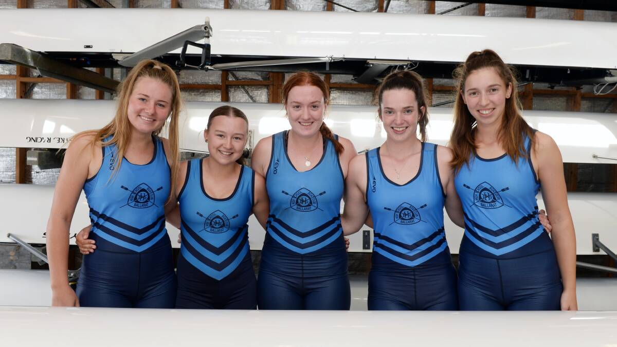 CREW: Ella Glenwright (bow), Emily Glass (cox), Darcy McMickan (2 seat), Lauren Salter (stroke) and Ella Lukich (3 seat) support each other through a high performance training program ahead of the Head of the Lake regatta. Picture: Kate Healy