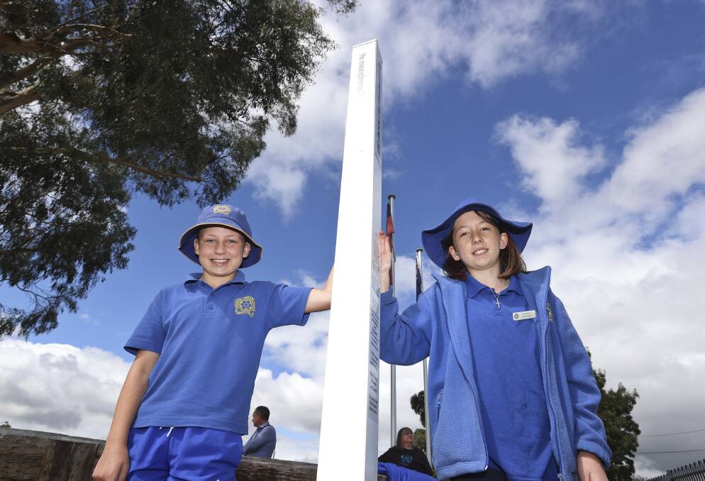 PEACE: Sebastopol Primary pupils Seth and Alexis with the new Peace Pole. Picture: Luke Hemer