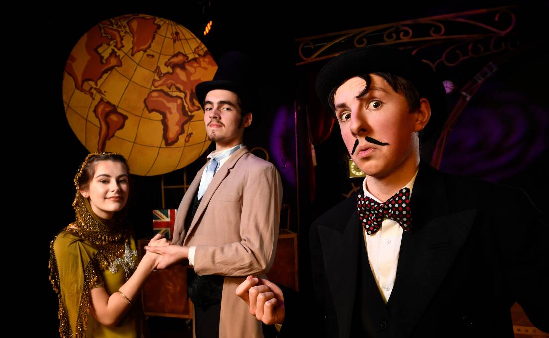 TRAVEL: Hallie Vermeend as Aouda, Patrick Western as Phileas Fogg and Luka Spoljaric as Jean Passepartout in Damascus College's production of Around the World in 80 Days. Picture: Adam Trafford 