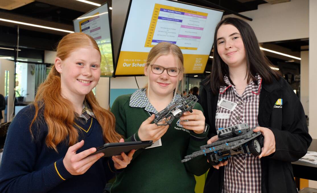 Girls in STEM participants Maleah Hodges, 13, from Ballarat Grammar, Erica Jones, 14, from Ballarat High School and Mt Clear College's Alex Smith, 15, with the drones and rescue robots they have been learning about at the end of a year-long program. Picture by Kate Healy Girls in STEM program wraps up at Ballarat Tech School 