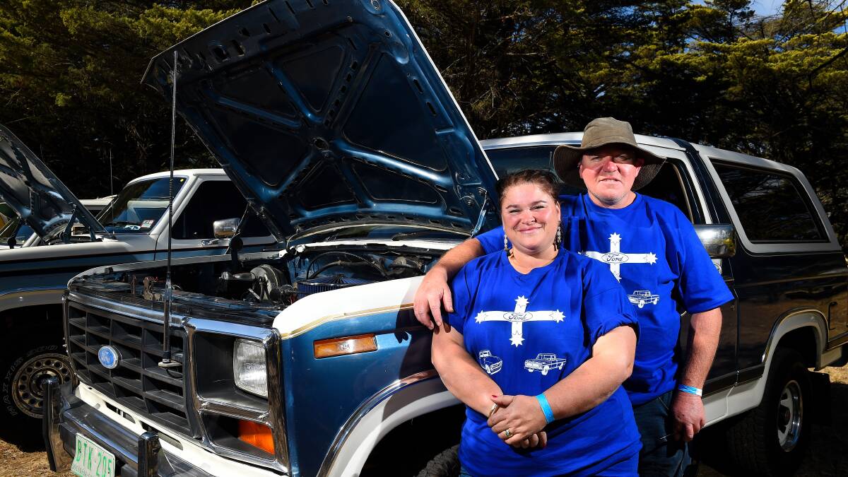 PROUD: Anja Harley and Jason Hollard of Port Fairy pose for a photo with their 1982 Bronco during the F Series and Bronco Roundup at Victoria Park. Picture: Adam Trafford 
