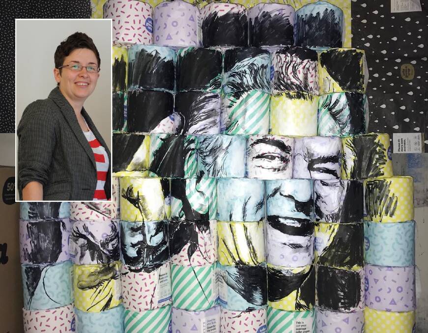 INSPIRED: Ballarat artist Marcia King (inset) with her artwork of Bob Hawke created on toilet rolls for her exhibition 365 Days of Crap. 