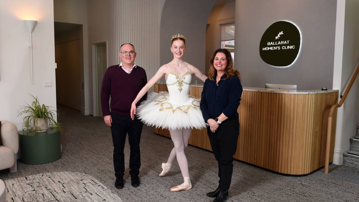 Ballarat Women's Clinic founder Dr Patrick Moloney and Brigid Moloney with Royal South Street Society's 14 years and over classical ballet championship solo winner Madison Sparkman. Picture by Adam Trafford
