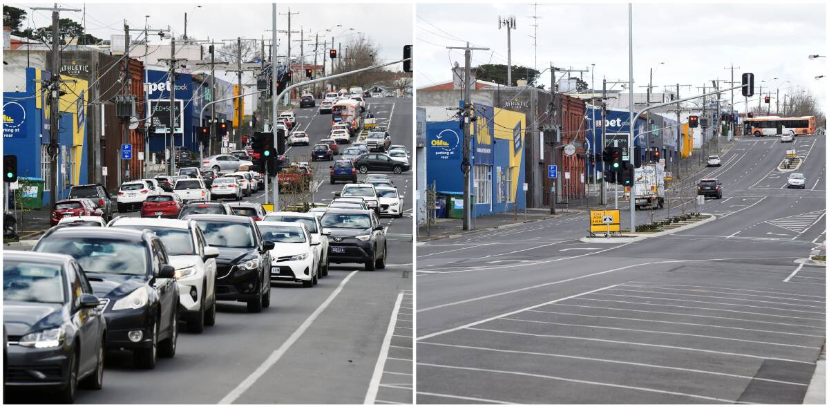 QUIET: Traffic on Mair Street before and after lockdown on Saturday. Pictures: Kate Healy