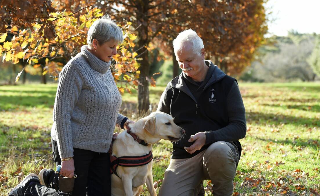 TRUFFLE SEASON: Lynette and Andres Haas with their truffle sniffing dog Narla in their Wattle Flat trufferie are looking forward to finding their first truffles of the season as winter arrives. Picture: Lachlan Bence