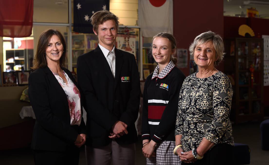Mount Clear College principal Lynita Taylor, students Alex Van Der Veen and Lily Ferguson, and vice principal Jenny Bromley pictured in 2019 when the school's international program was a finalist in the Victorian Education Excellence Awards 2019 Dr Lawrie Shears Excellence in Global Teaching and Learning Award.

