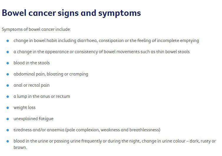 Bowel cancer signs and symptoms. Source - Cancer Council