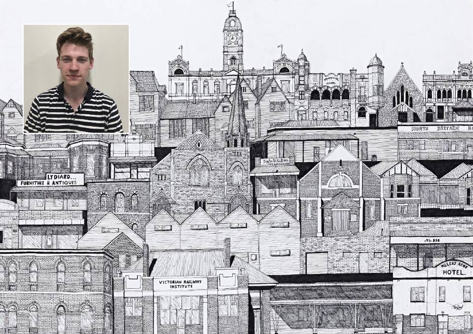 TOP ARTIST: Marcus Bedford (inset) and his drawing of Ballarat depicting the most iconic buildings from his childhood, which is in the Top Arts exhibition in Melbourne. 