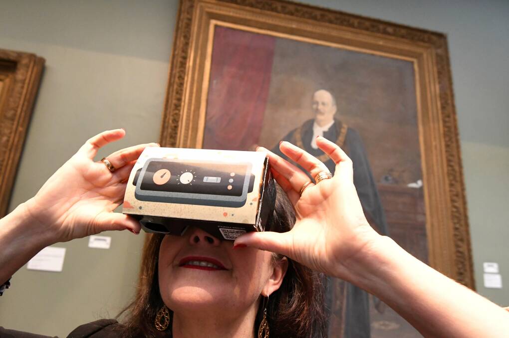 VIRTUAL: Ballarat mayor Samantha McIntosh checks out the virtual reality tour of Town Hall ahead of Heritage Weekend. Picture: Lachlan Bence