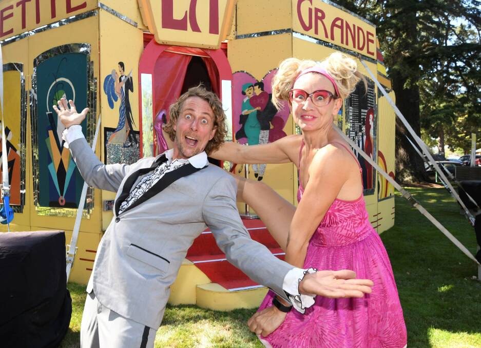 CIRCUS: Dave Evans and Tamara Campbell (aka Pascal and Kiki) clown around outside their La Petite Grande Tent, the home of circus-style shows, on their second visit to the Ballarat Begonia Festival. Pictures: Lachlan Bence
