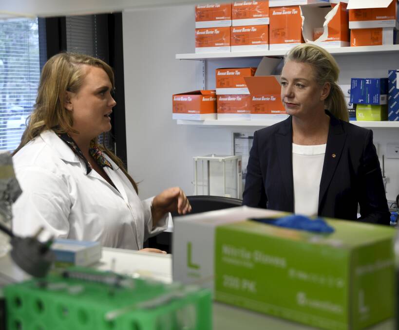 FUNDING: Senator Bridget McKenzie chats in the laboratory with Federation University second year PhD researcher Molly-Rose McInerney. Picture: Lachlan Bence