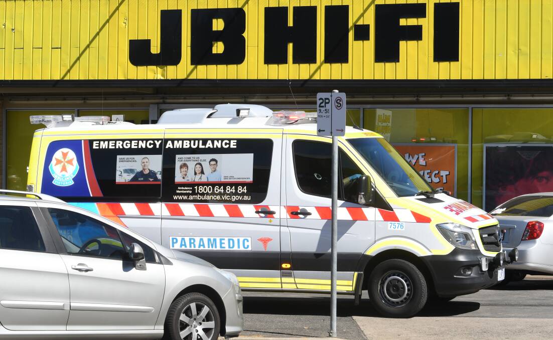TREATED: Paramedics transported a man from JB Hi Fi on Mair Street to Ballarat Base Hospital after the incident. Picture: Lachlan Bence