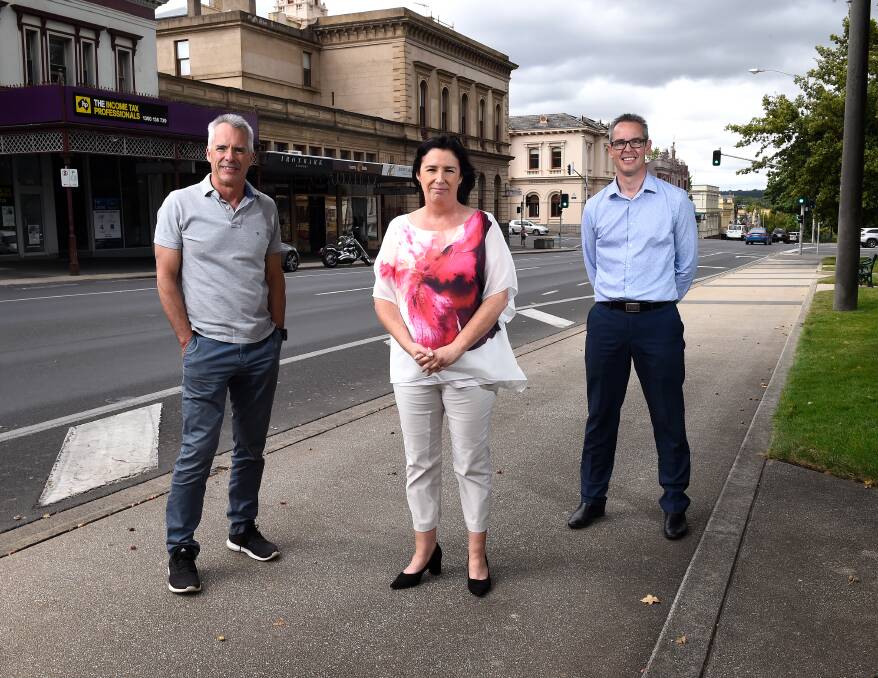 CAUTIOUS: Committee for Ballarat chief executive Michael Poulton, Committee for Ballarat chief executive Jodie Gillett and Ballarat Mayor Ben Taylor would welcome an early easing of restrictions for regional centres with low COVID-19 rates. Picture: Adam Trafford