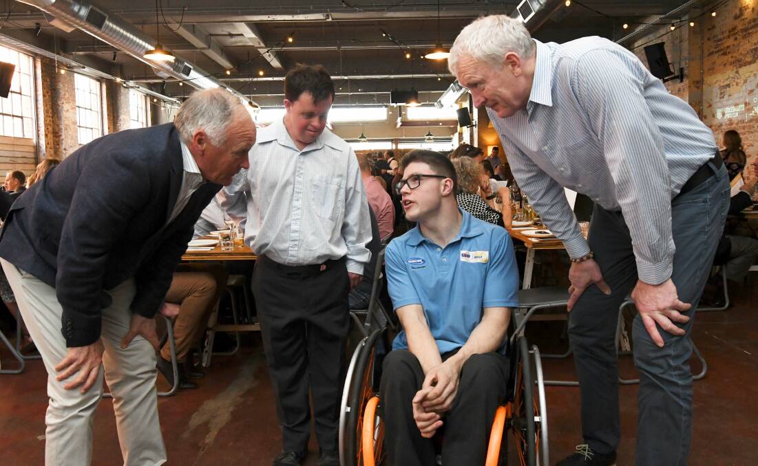 SPORTS TALK: Rodney Hogg, Stevie Payne, Sam Rizzo and Ray Borner in deep conversation about the importance of sport for people of all abilities at the inaugural AAA Sports lunch at Housey Housey. Picture: Lachlan Bence