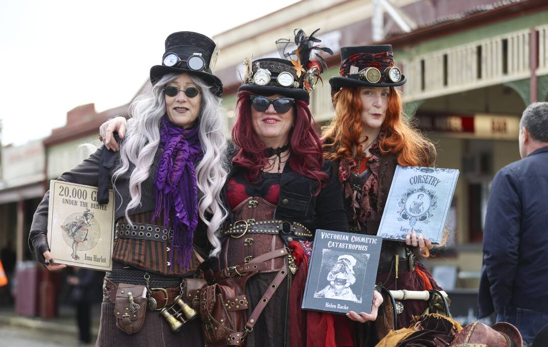 DATE CHANGE: Abigail, Hepzibath and Millicent of The Brass Harpies at this year's Clunes Booktown Festival. Picture: Luke Hemer.