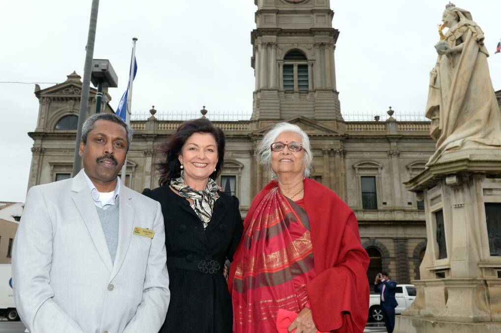 CELEBRATION: Ballarat Indian Association president Xavier Mani, mayor Samantha McIntosh and Jayashri Sharma. Picture: Kate Healy