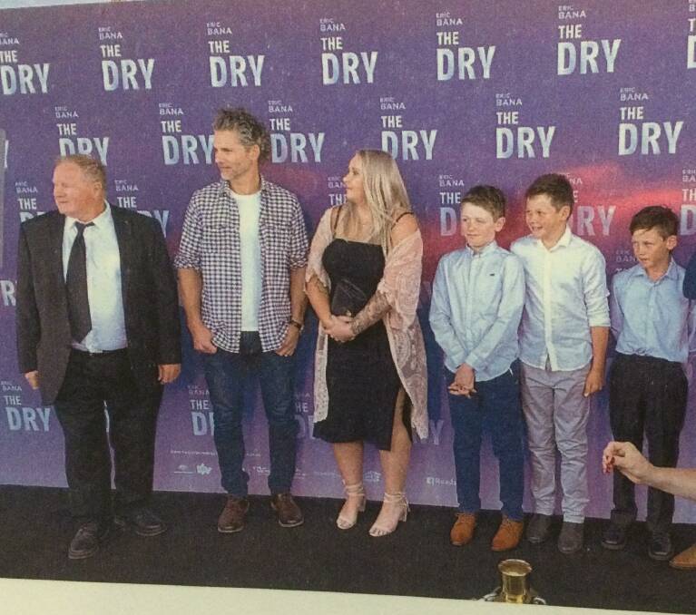 Premiere: Father Eugene McKinnon with Eric Bana and other cast members of the hit Australian film The Dry.