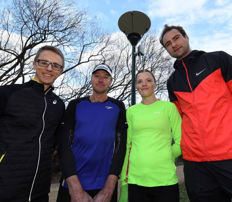 Lighting the way: Athletes Jared Tallent, David Fraser, Natasha Fraser and Nic van Raaphorst believe lighting around Lake Wendouree is crucial to alleviate safety concerns. Picture: Lachlan Bence