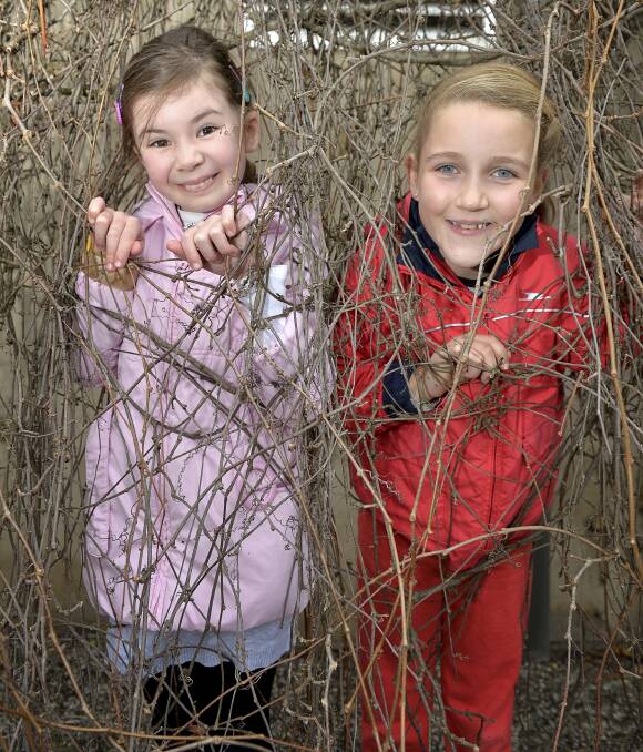 Green thumbs: Milly Wilkie (8) and Ava Bassett (9) at the Ballarat Botanikids family morning on Sunday. Picture: Dylan Burns